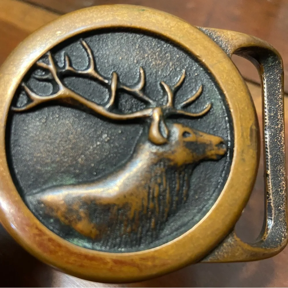 Rare Vintage 1978 Solid Brass Mens Elk Belt Buckle